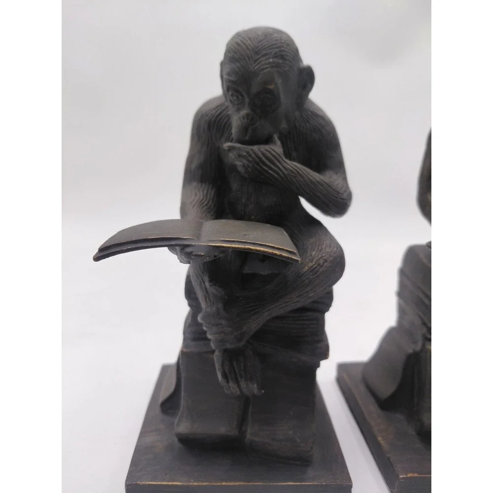 Vtg 2 Monkeys Reading Book Bookends The Thinker Ape Nature 7.5